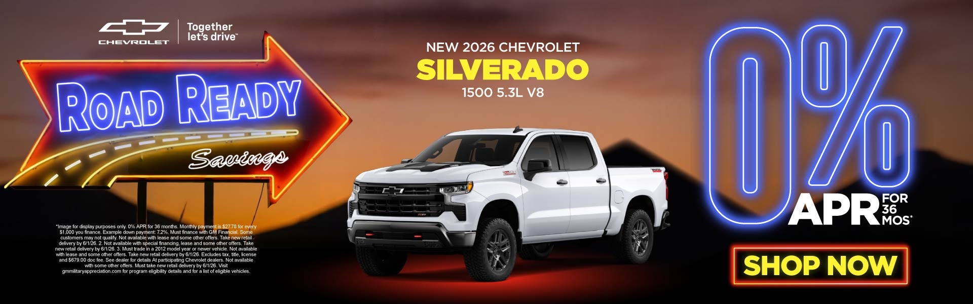 New 2026 Chevrolet Silverado 1500 5.3L V8	0% APR for 36 Mont