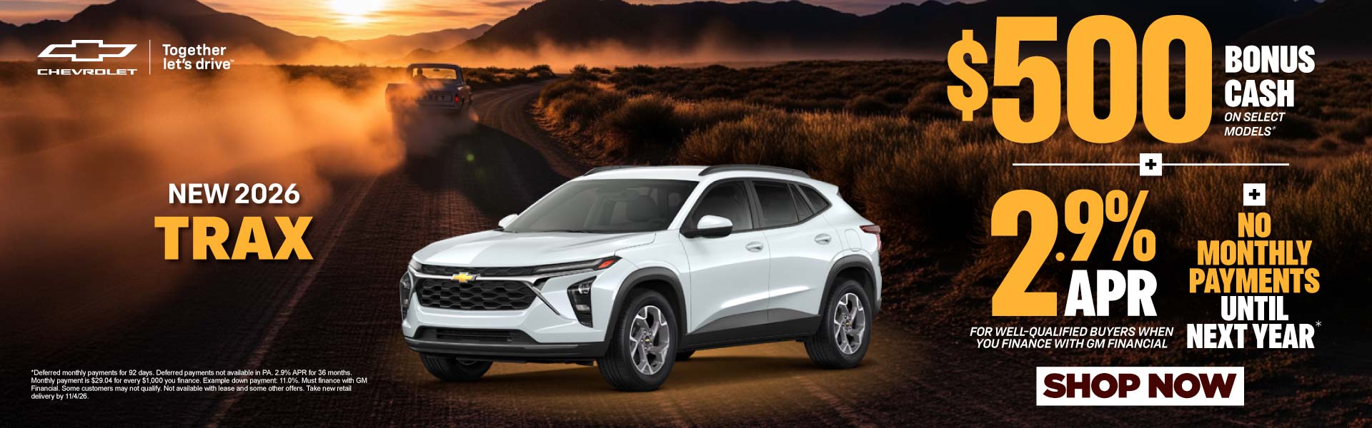 "NEW 2026 TRAX "	"$500 Bonus Cash on select models* PLUS 2.9